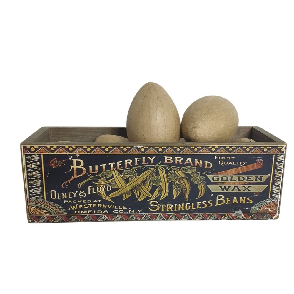 Vintage Butterfly Brand Golden Wax Stringless Beans 13" Box Brown Mache Eggs